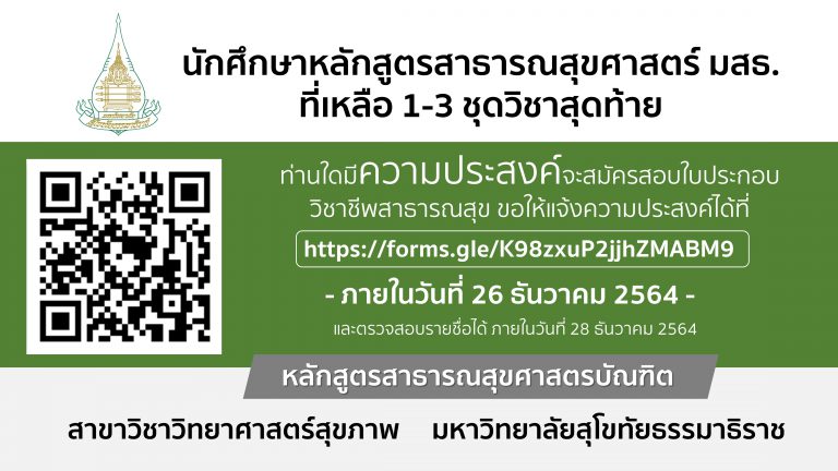 นักศึกษาที่เหลือ 1-3 ชุดสุดท้าย ที่ประสงค์จะเข้าทดสอบความรู้วิชาชีพการสาธารณสุขชุมชนของสภาการสาธารณสุขชุมชน ครั้งที่ 3/2564