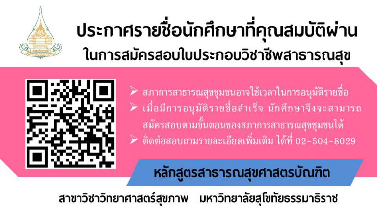 ประกาศรายชื่อนักศึกษาที่คุณสมบัติผ่านในการสมัครสอบใบประกอบวิชาชีพสาธารณสุข