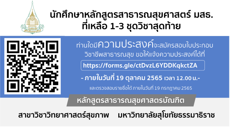 รายชื่อนักศึกษา ที่คุณสมบัติผ่านและประสงค์จะเข้าทดสอบความรู้วิชาชีพการสาธารณสุขชุมชน สภาการสาธารณสุขชุมชน ครั้งที่ 3/2565