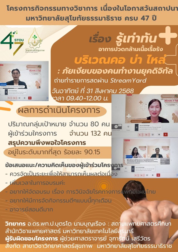 Read more about the article โครงการกิจกรรมทางวิชาการ เนื่องในโอกาสวันสถาปนามหาวิทยาลัย ครบ 47 ปี เรื่องโครงการรู้เท่าทันอาการปวดกล้ามเนื้อเรื้อรังบริเวณคอ บ่า ไหล่ :  ภัยเงียบของคนทำงานยุคดิจิทัล ในวันอาทิตย์ที่ 31 สิงหาคม 2568 ในรูปแบบระบบออนไลน์ผ่านทางโปรแกรม Microsoft Teamsผู้รับผิดชอบโครงการ ผู้ช่วยศาสตราจารย์จุฑารัตน์ เสรีวัตร