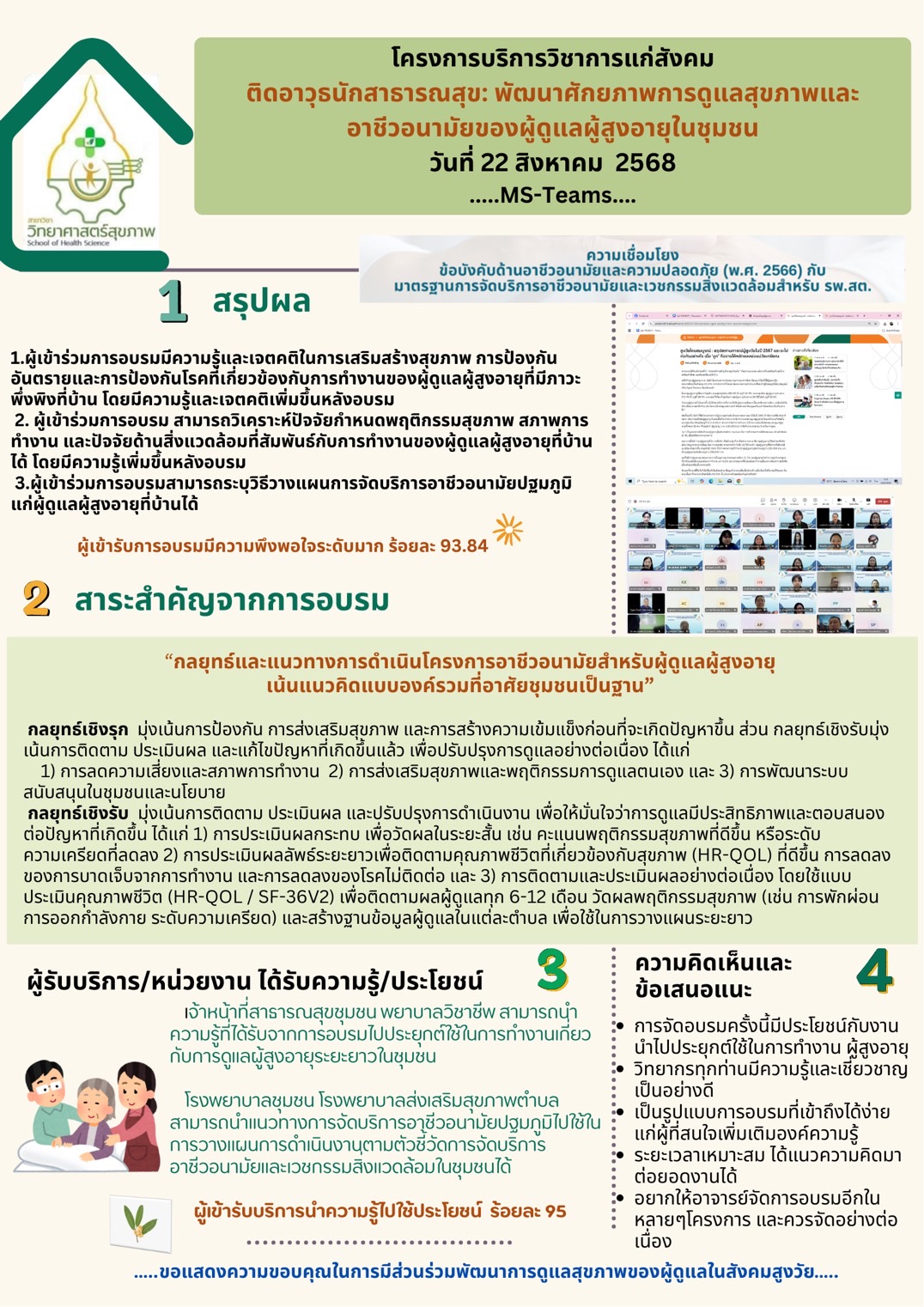 You are currently viewing โครงการบริการวิชาการแก่สังคม “โครงการติดอาวุธนักสาธารณสุข: พัฒนาศักยภาพการดูแลสุขภาพและอาชีวอนามัยของผู้ดูแลผู้สูงอายุในชุมชน” ทั้งนี้ได้ดำเนินการจัดกิจกรรมเมื่อวันที่ 22 สิงหาคม 2568 ในรูปแบบระบบออนไลน์ผ่านทางโปรแกรม Microsoft Teams