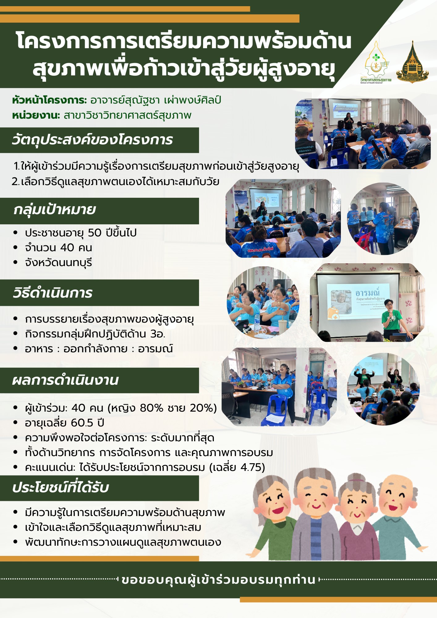 Read more about the article โครงการบริการวิชาการแก่สังคม ประจำปีงบประมาณ 2568 “โครงการการเตรียมความพร้อมด้านสุขภาพเพื่อก้าวเข้าสู่วัยผู้สูงอายุ” โดย อาจารย์สุณัฐชา เผ่าพงษ์ศิลป์ หัวหน้าโครงการ เมื่อวันที่ 15 สิงหาคม 2568